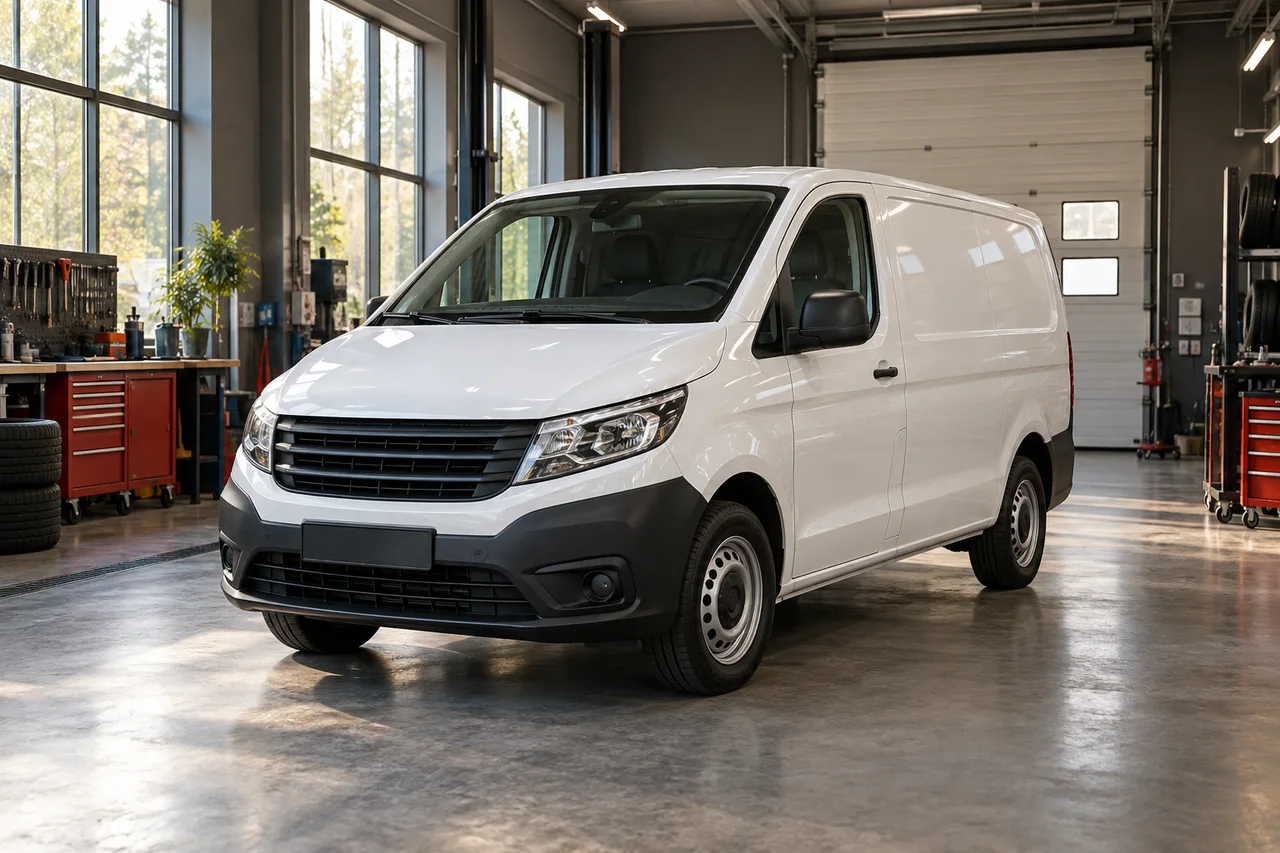 Vit transportbil i en verkstadsmiljö